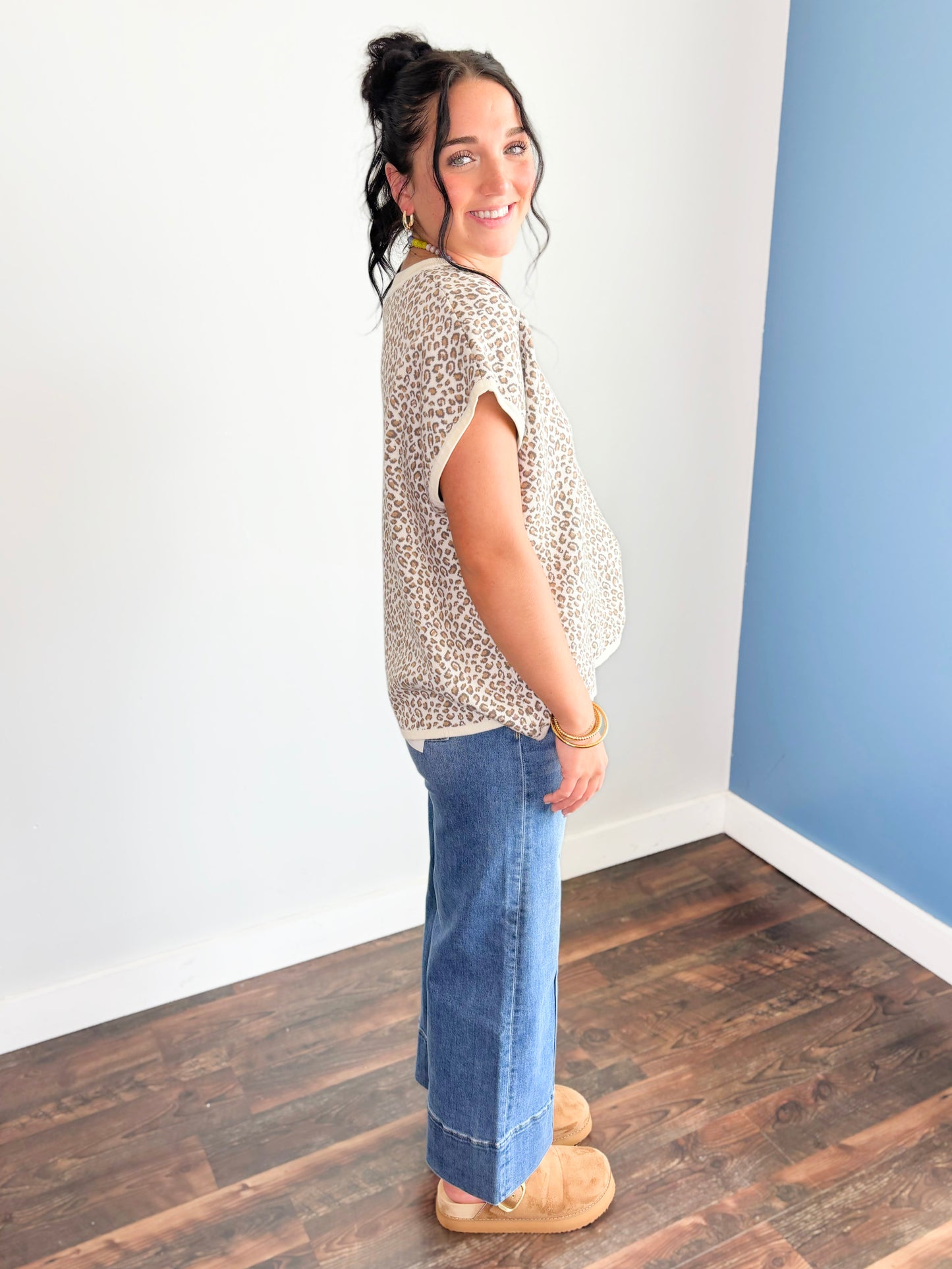 Ellie Leopard Knit Short Sleeve Sweater