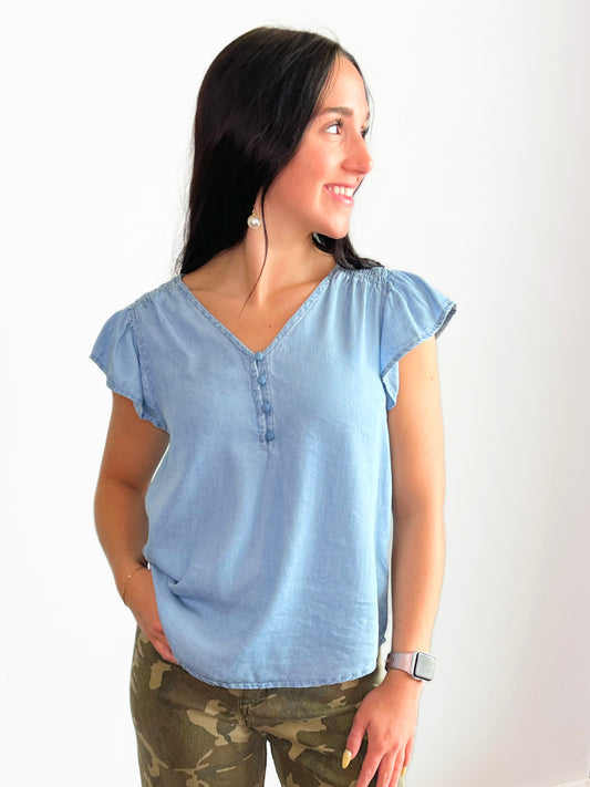 Minnie Ruffle Sleeve Chambray Top
