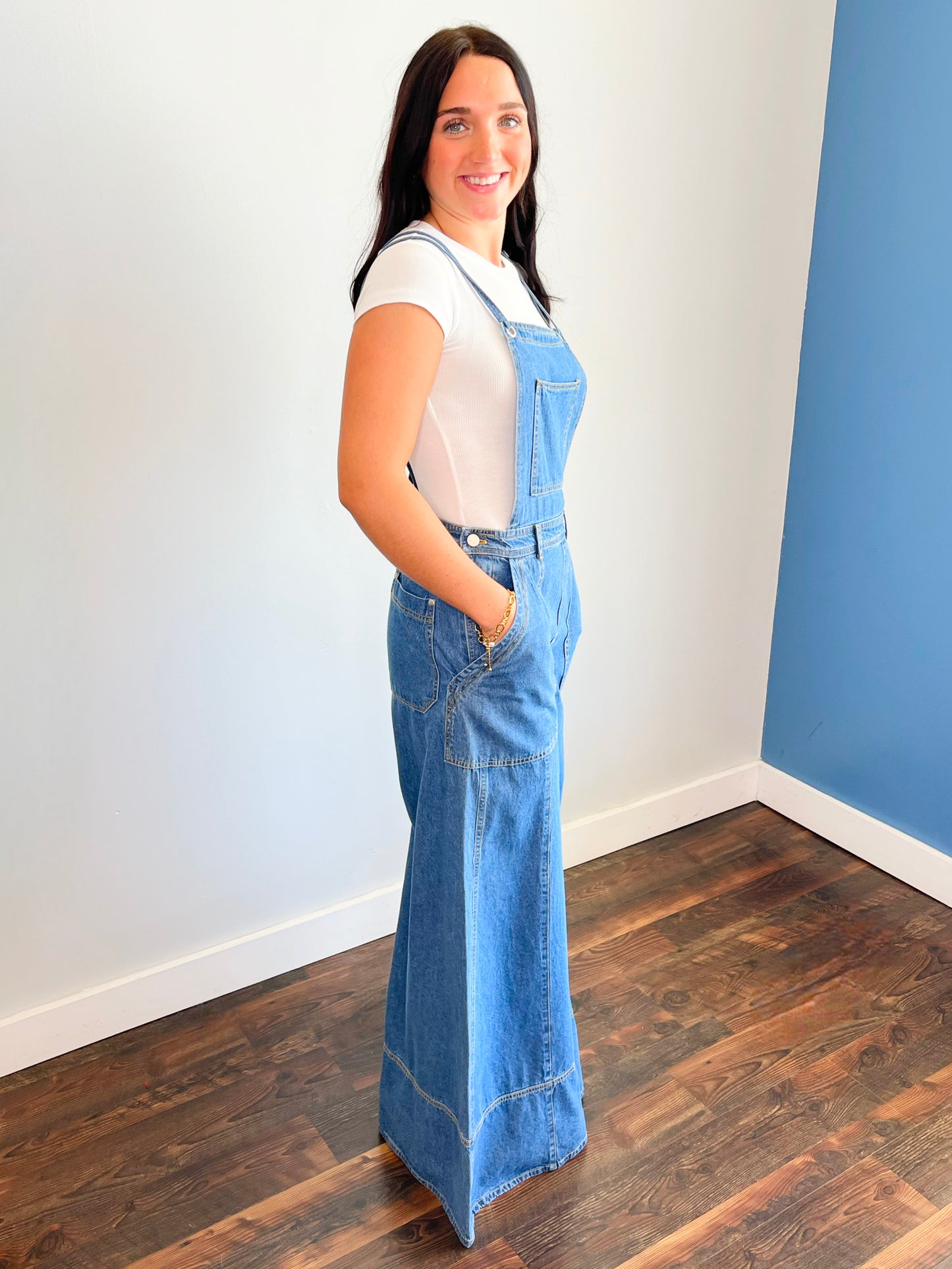Cora Wide Leg Denim Overall Jumpsuit