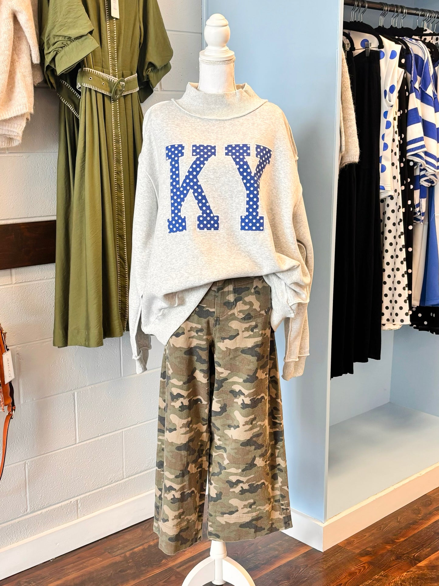 KY Embroidered Mock Neck Sweatshirt | Blue Polka Dot