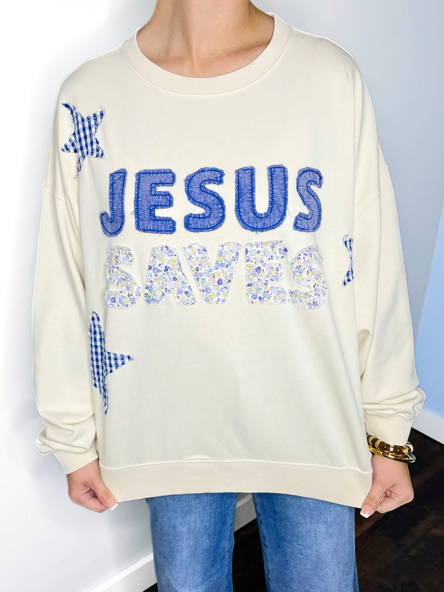Jesus Saves Embroidered Sweatshirt | Oat