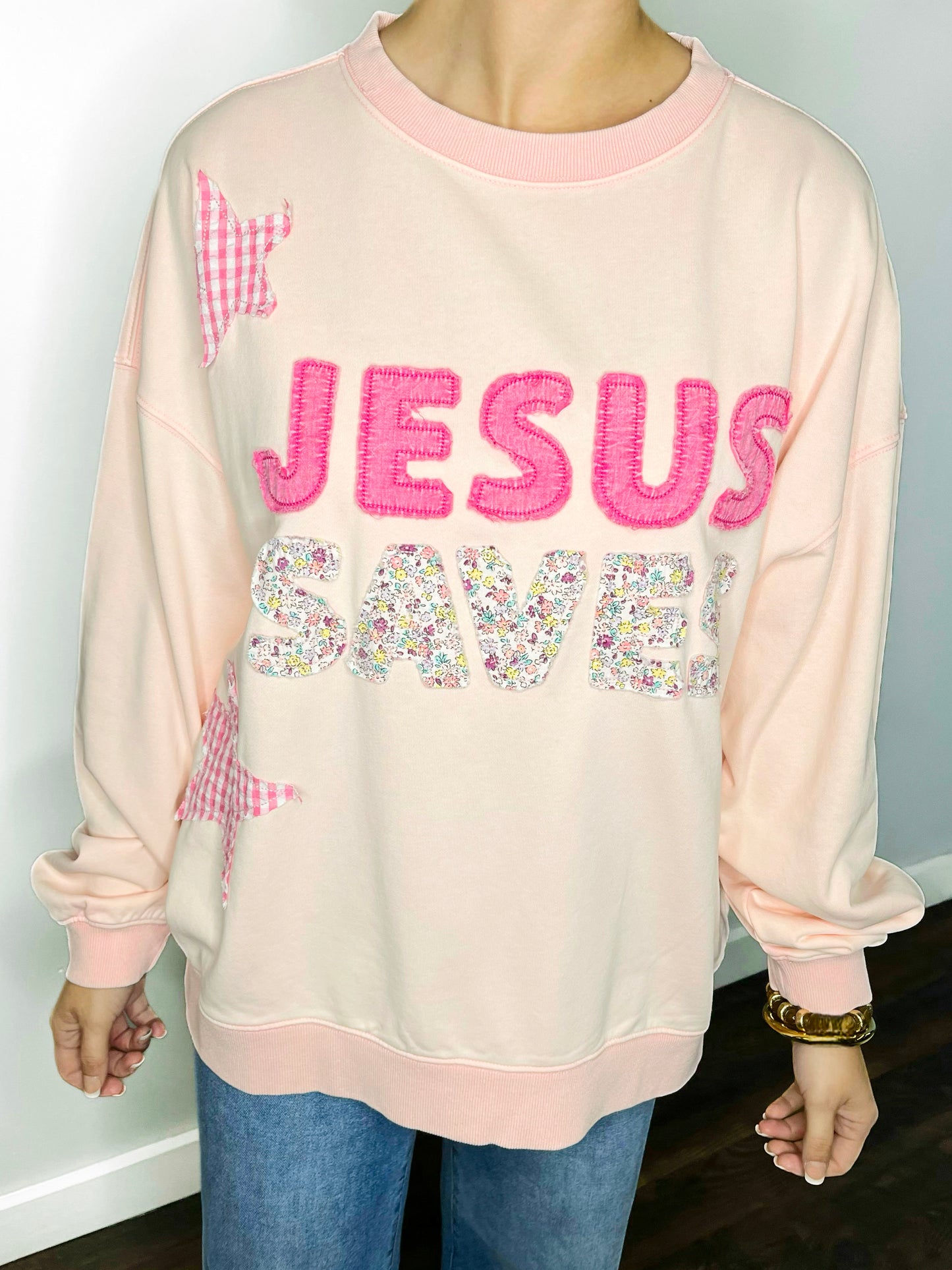 Jesus Saves Embroidered Sweatshirt | Icy Pink