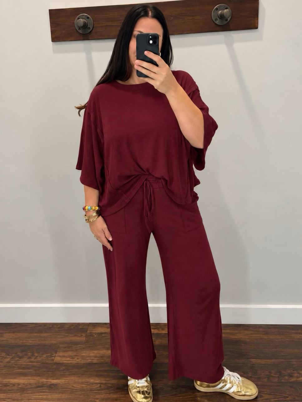 Nina Boxy Short Sleeve & Pants Brushed Set | Burgundy