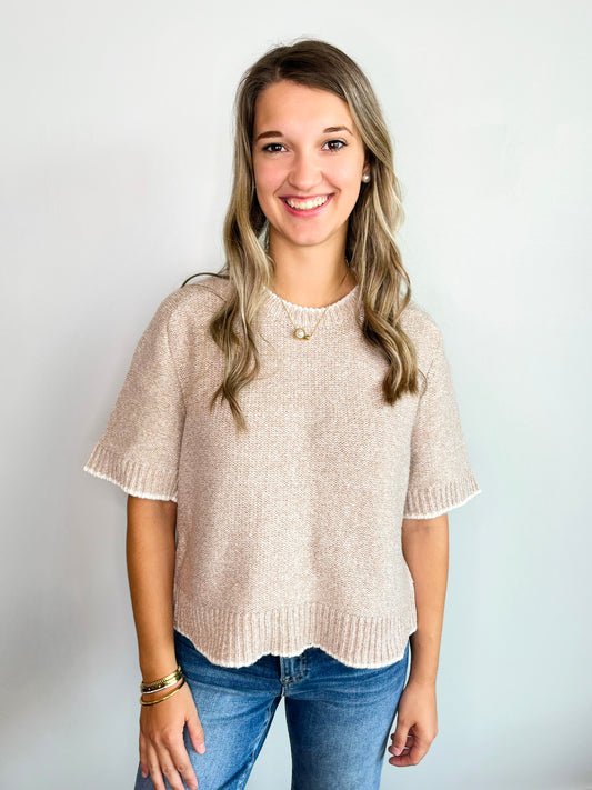 Andrea Contrast Trim Short Sleeve Sweater