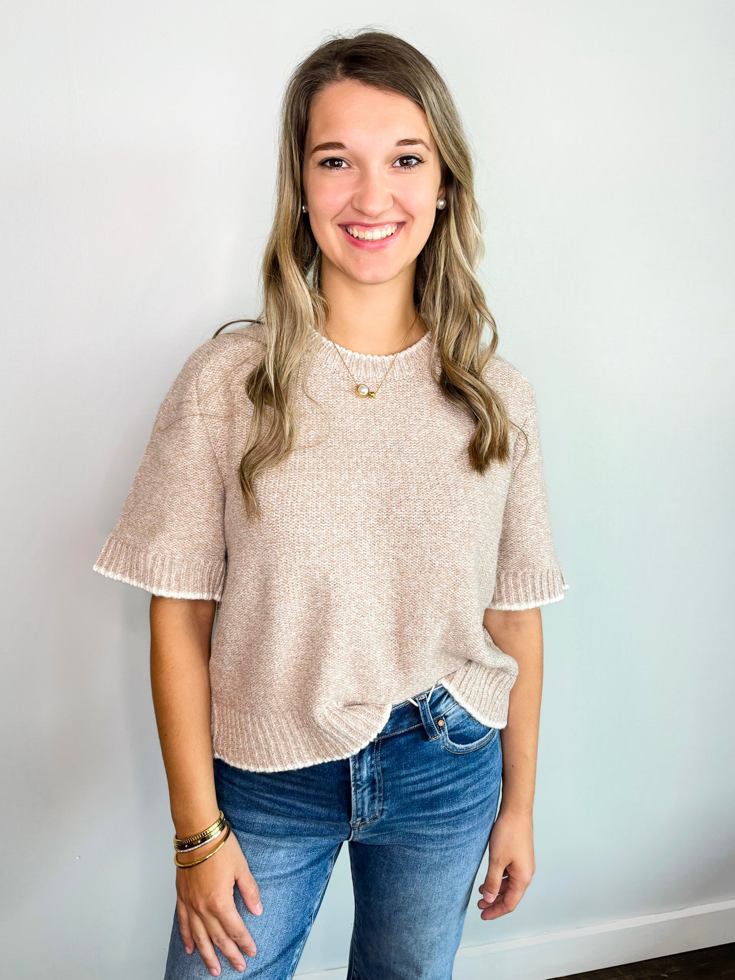 Andrea Contrast Trim Short Sleeve Sweater