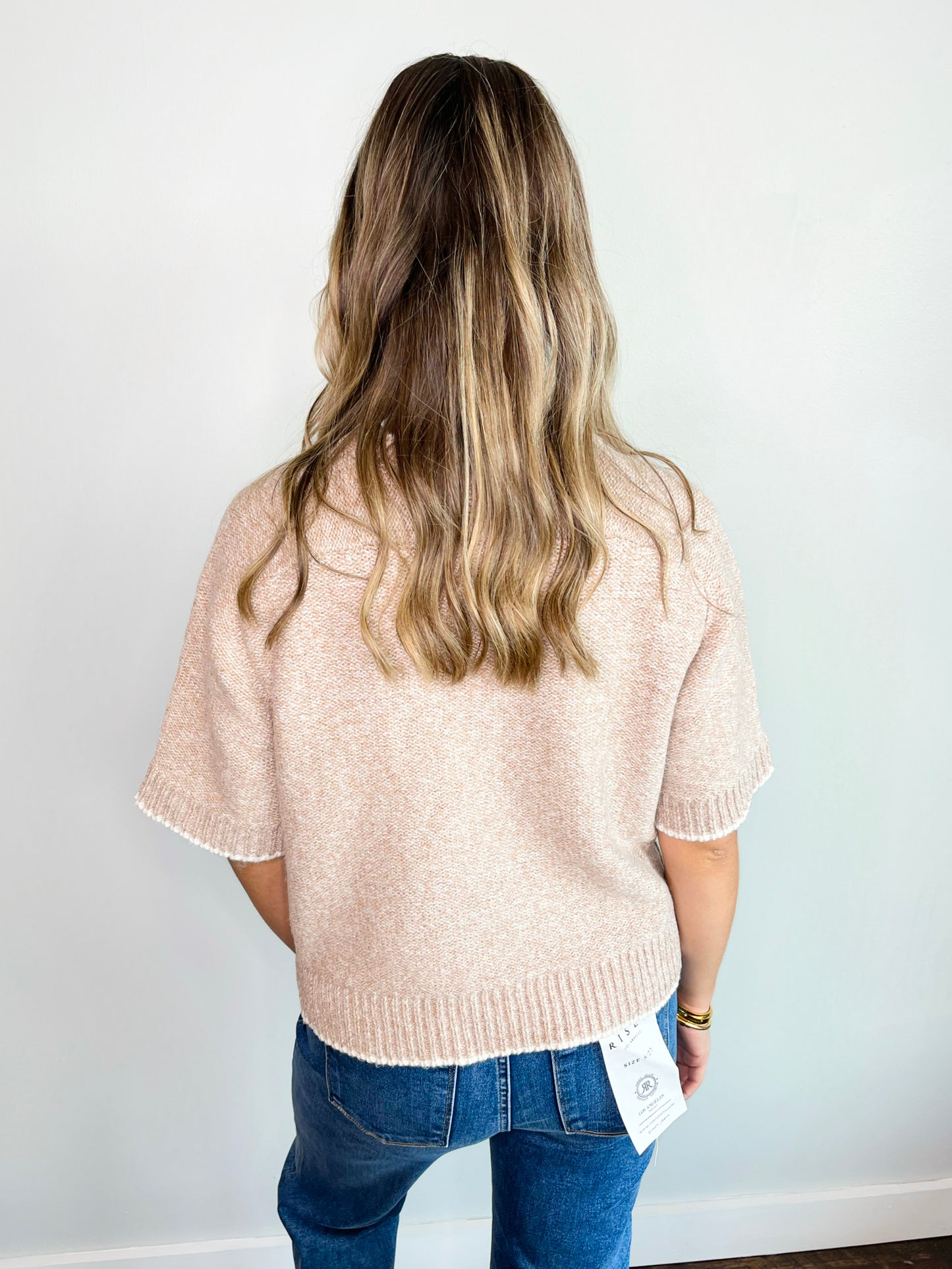 Andrea Contrast Trim Short Sleeve Sweater