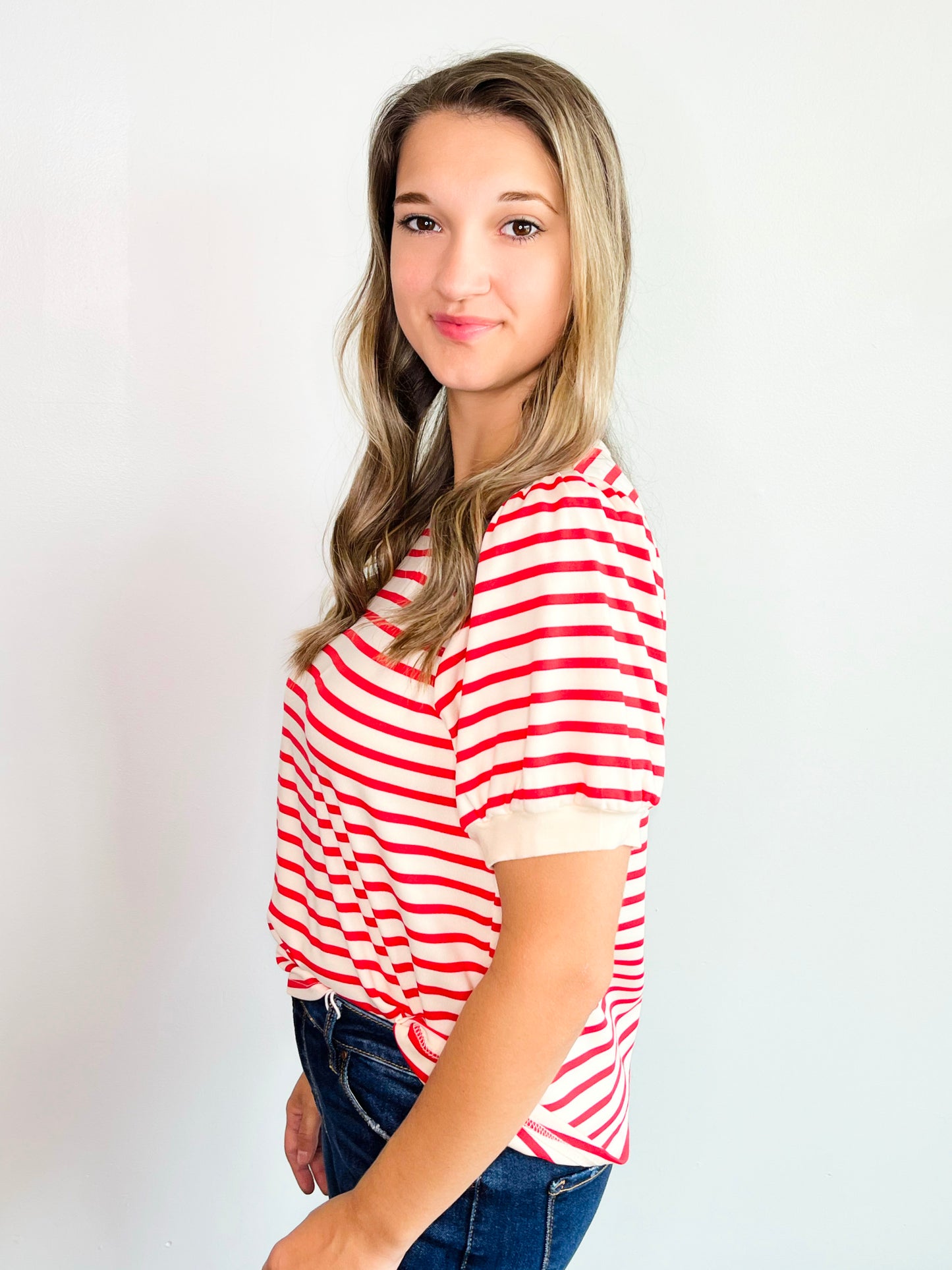 Catherine Striped Puff Sleeve Top | Red