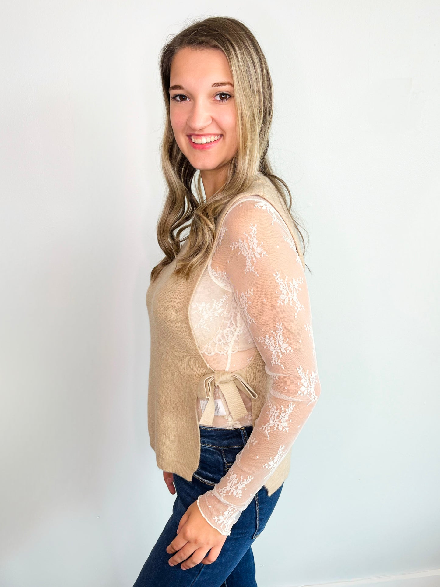 Katie Side Tie Sweater Vest | Beige