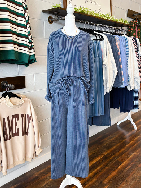 Jenna Ribbed Long Sleeve Top & Pants Set | Navy