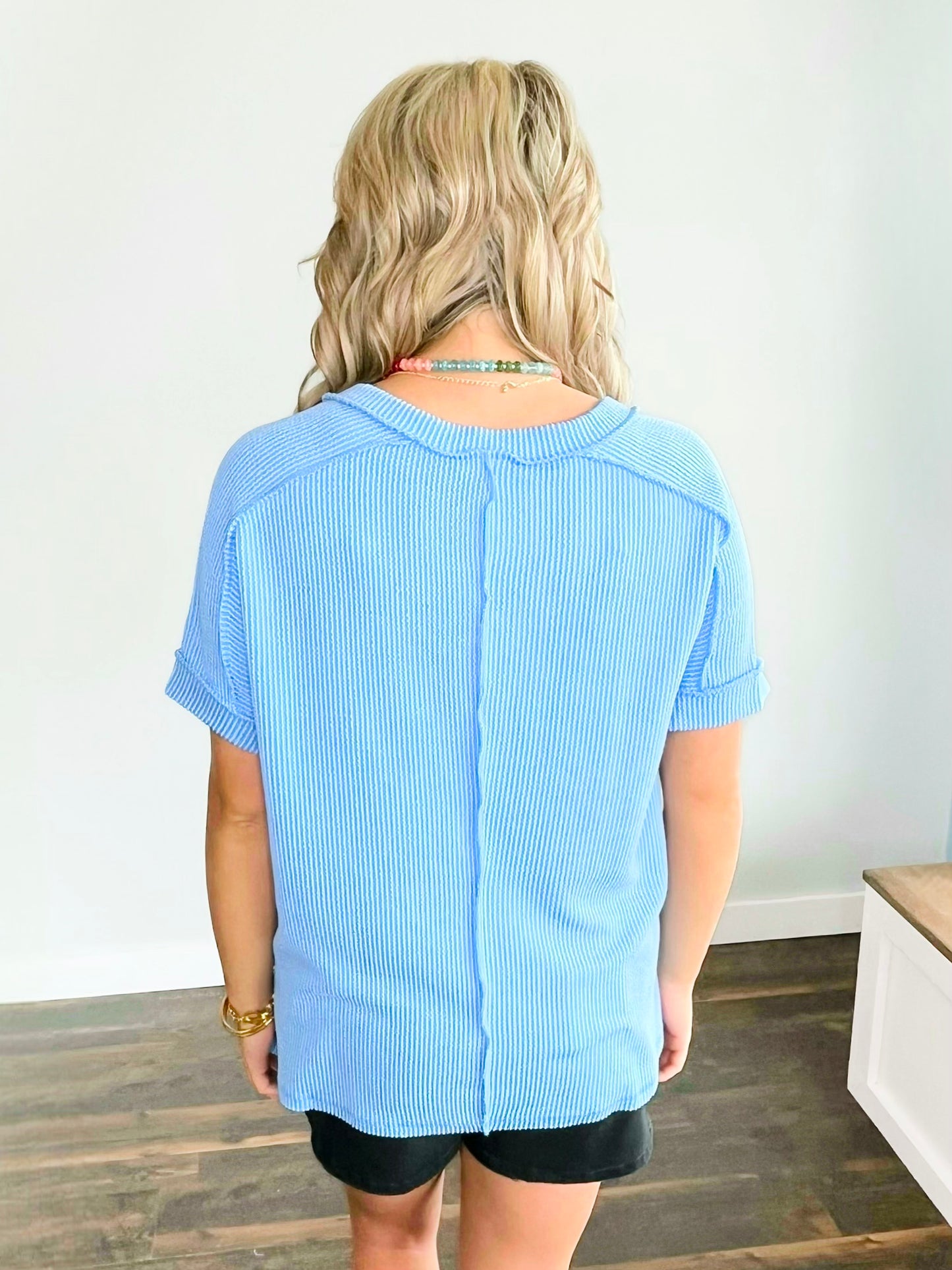 Katy Ribbed V-Neck Top | Sky Blue