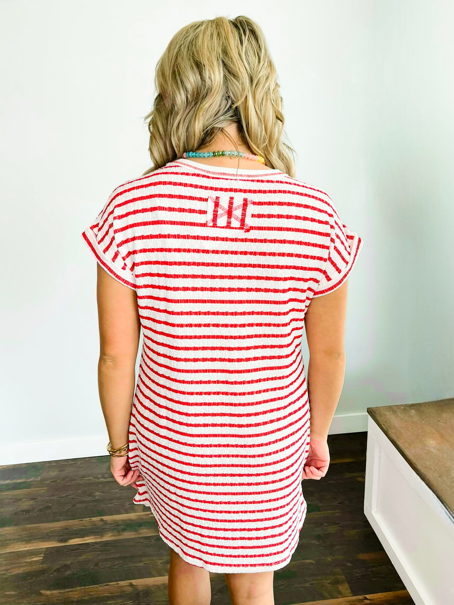 Chrissy Textured Stripe Knit T-Shirt Dress | Red