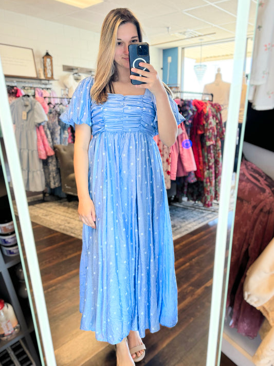 Jaycee Embroidered Puff Sleeve Dress | Cornflower