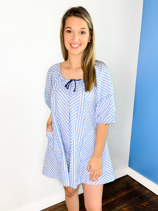 Benson Seersucker Romper | Blue