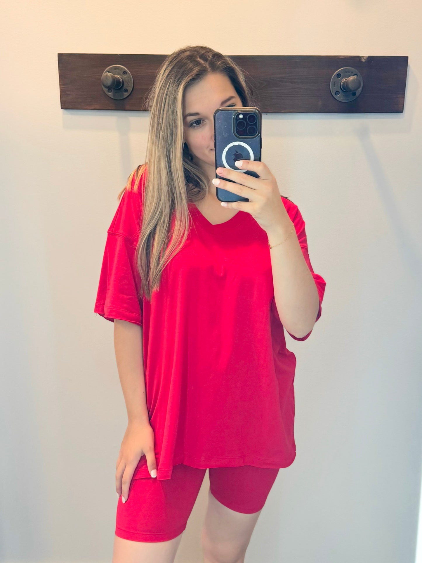 Mandy Cotton Short Sleeve Top and Biker Shorts Set | Red