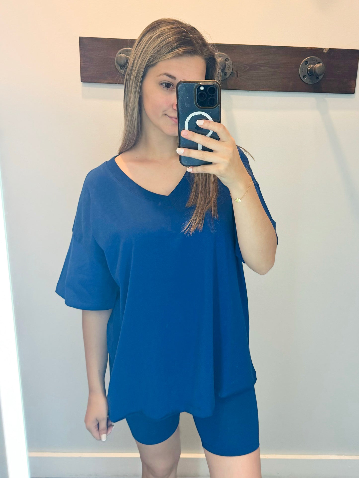 Mandy Cotton Short Sleeve Top and Biker Shorts Set | Light Navy