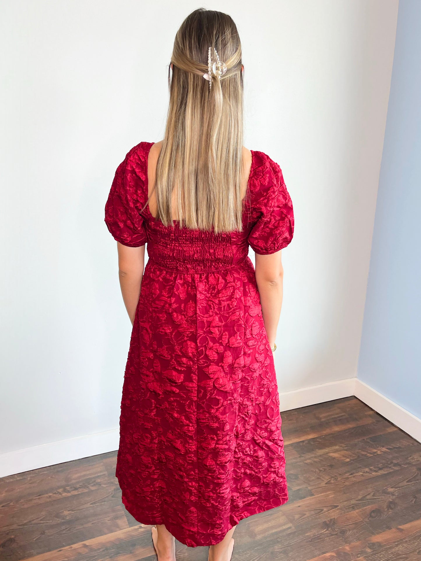 Rosemary Floral Jacquard Midi Dress | Deep Red