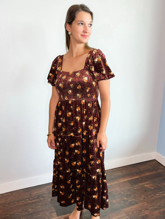 Tabitha Floral Velvet Midi Dress | Burgundy