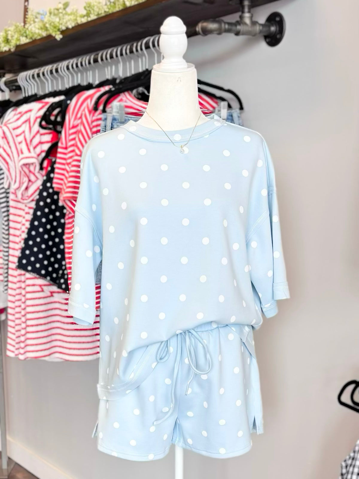 Ezra Relaxed Fit Polka Dot Short Set | Light Blue/White