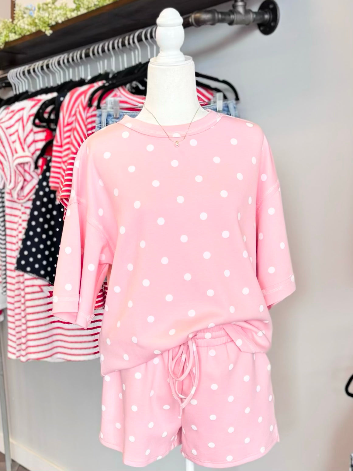 Ezra Relaxed Fit Polka Dot Short Set | Light Pink/White