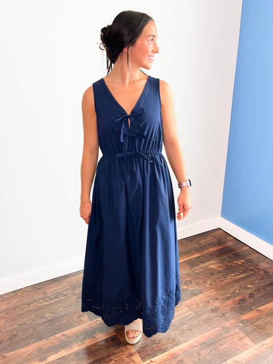 Tasha Bow Front Eyelet Hem Midi Dress