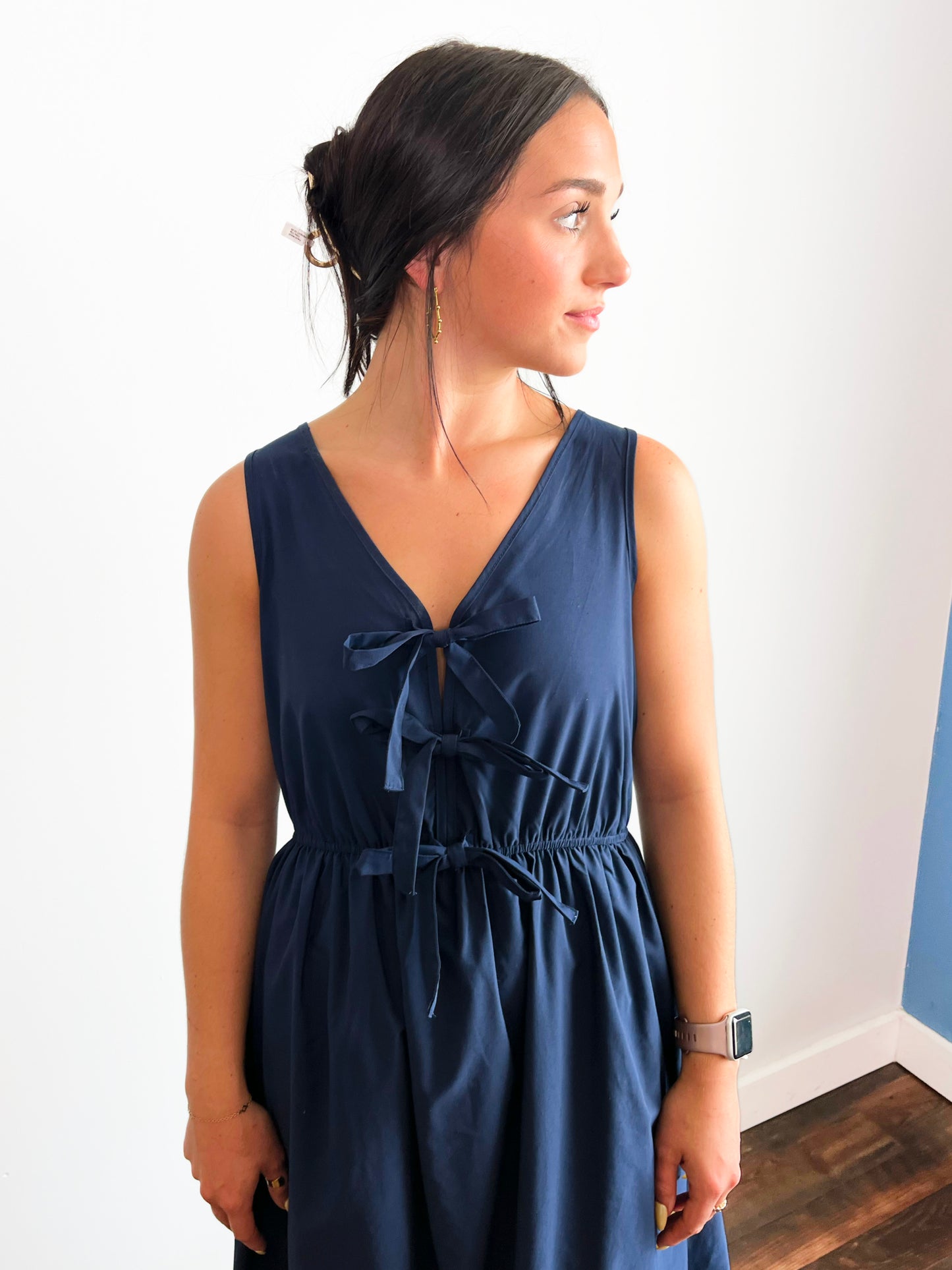 Tasha Bow Front Eyelet Hem Midi Dress
