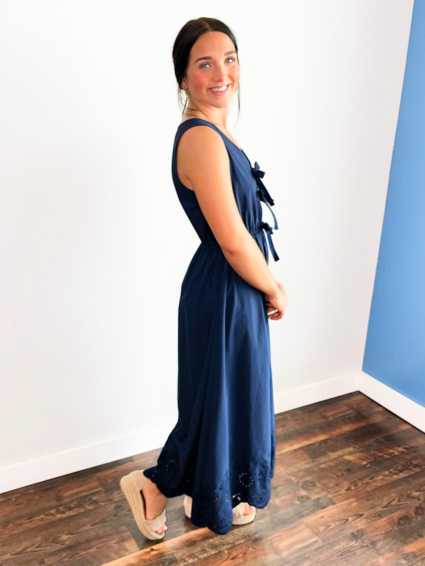 Tasha Bow Front Eyelet Hem Midi Dress