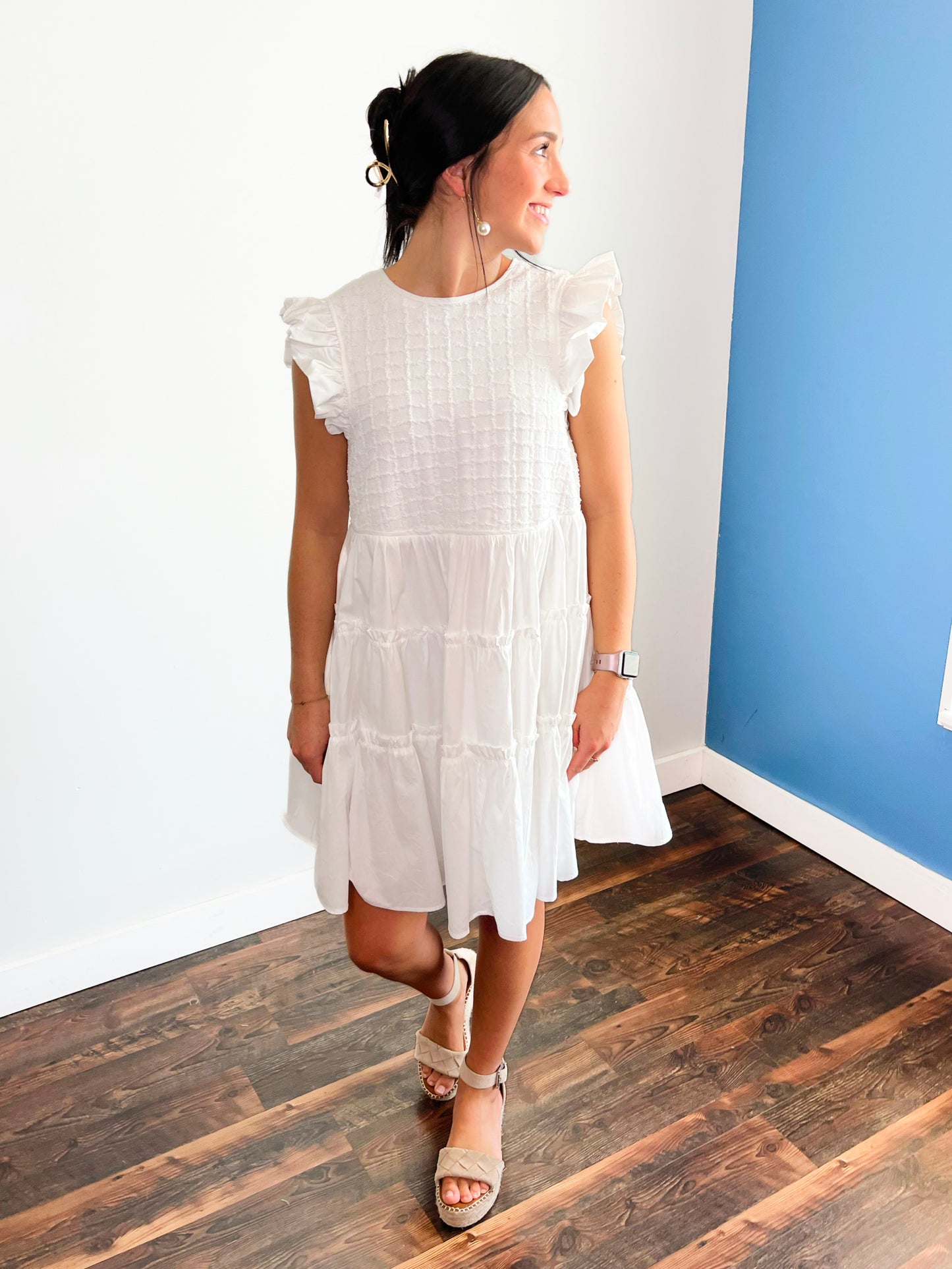 Holten Textured Ruffle Sleeve Dress | Off White