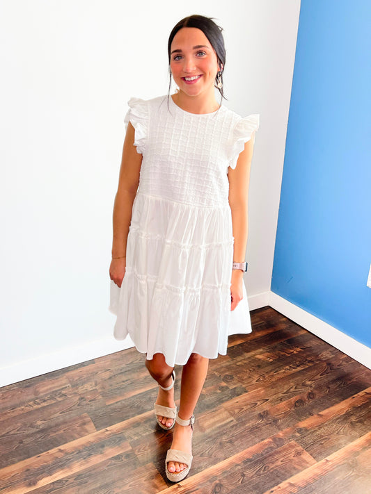 Holten Textured Ruffle Sleeve Dress | Off White