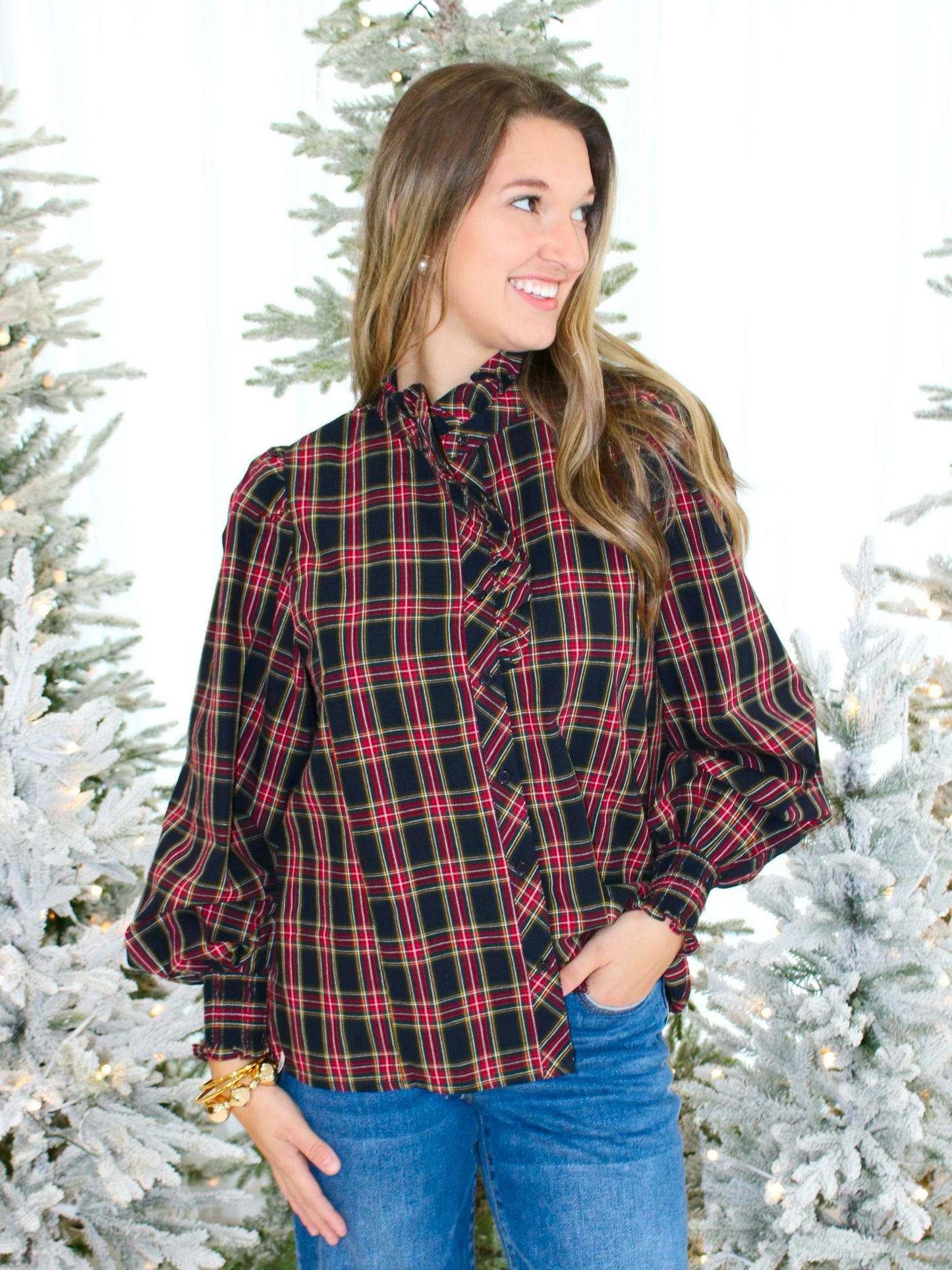 Martha Plaid Ruffle Trimmed Blouse | Navy