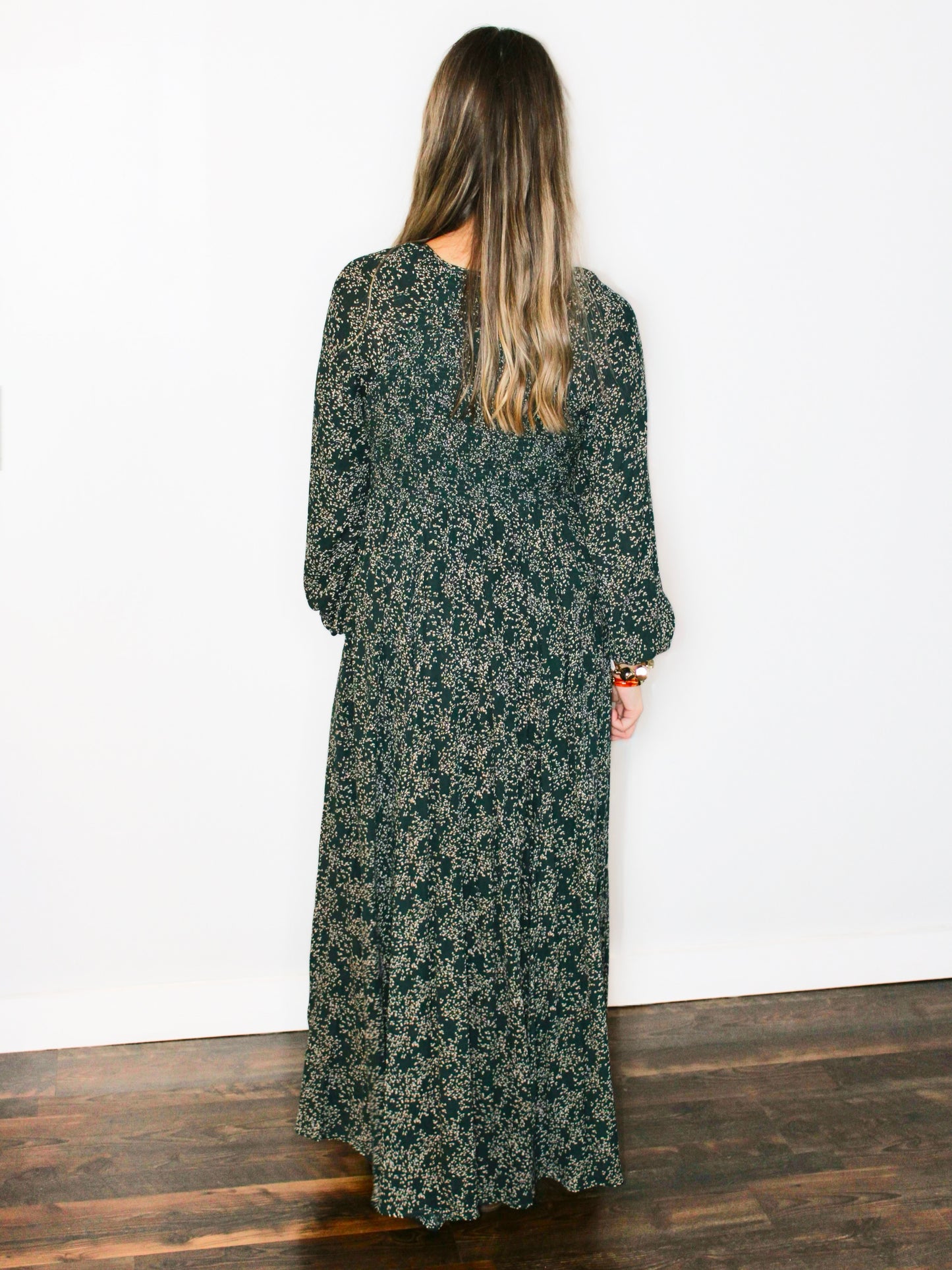 Jorja Smocked Floral Midi Dress | Forest Green