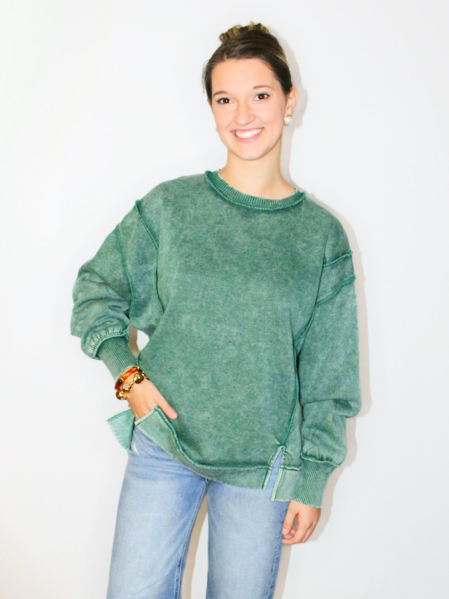 Kelly Washed Exposed Seam Fleece Sweatshirt | Deep Green
