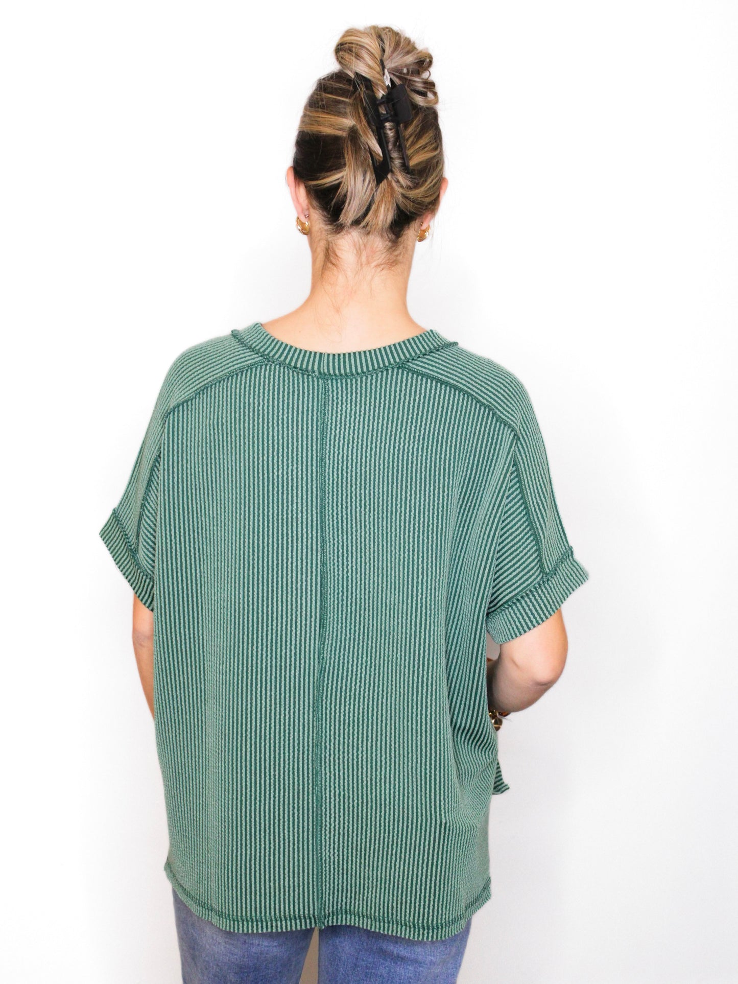 Jessie Ribbed Cuff Sleeve Top | Hunter Green