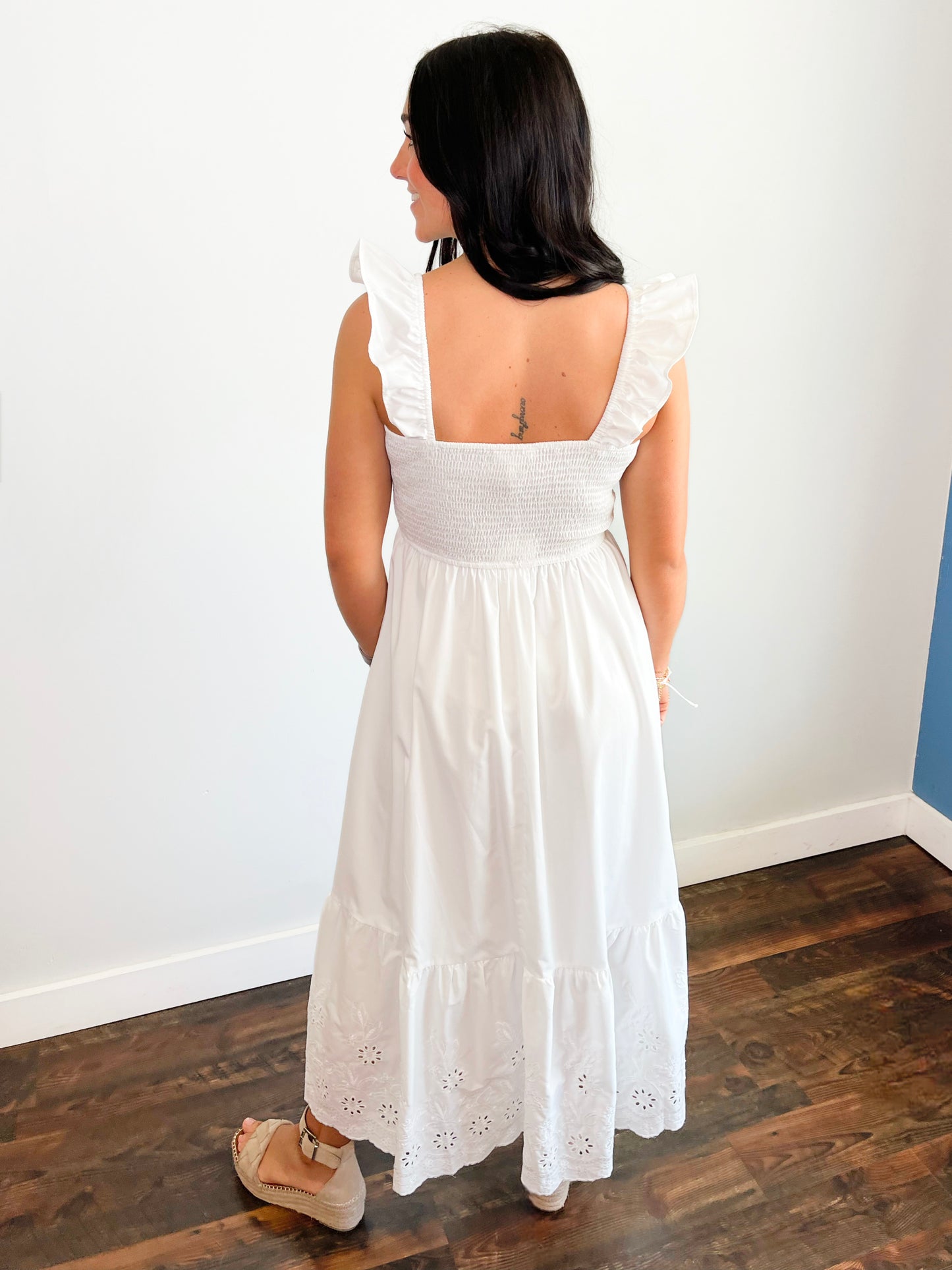 Clarice Smocked Eyelet Hem Midi Dress