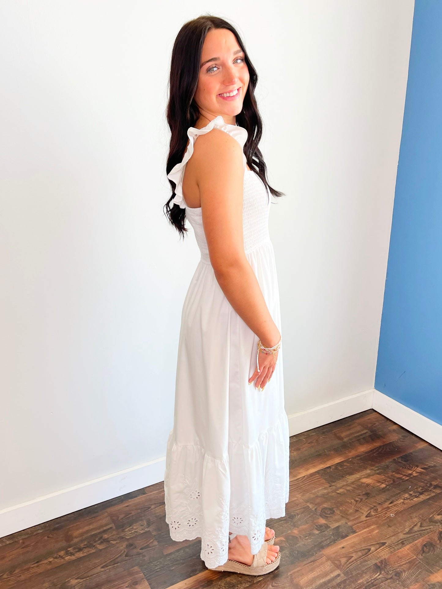 Clarice Smocked Eyelet Hem Midi Dress