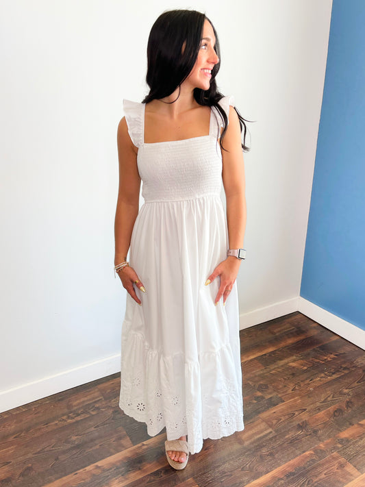 Clarice Smocked Eyelet Hem Midi Dress