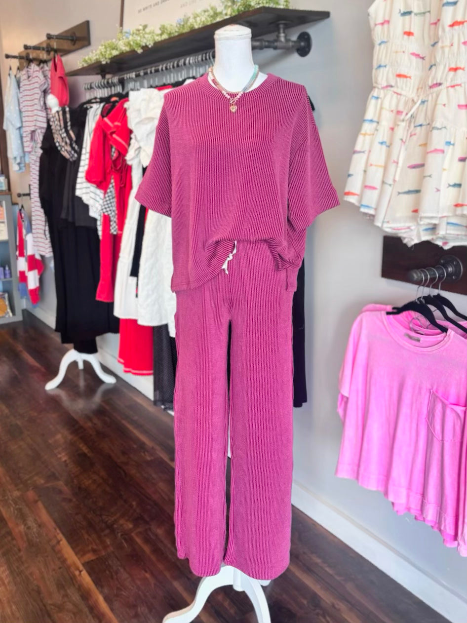 Briley Ribbed Short Sleeve Pants Set | Cabernet
