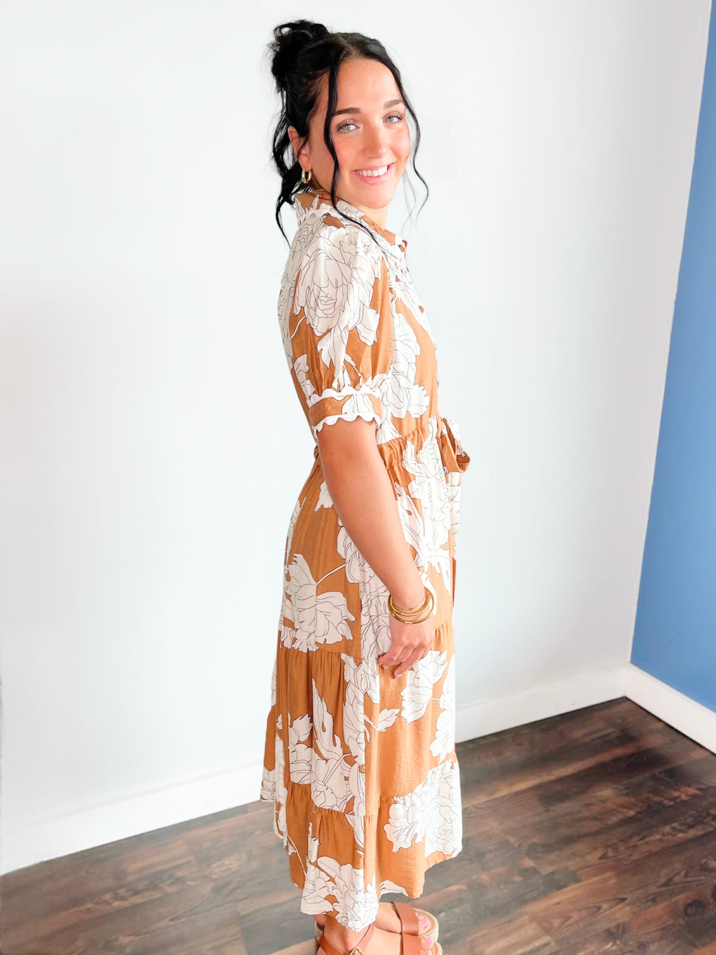Brenda Floral Tie Waist Dress | Taupe