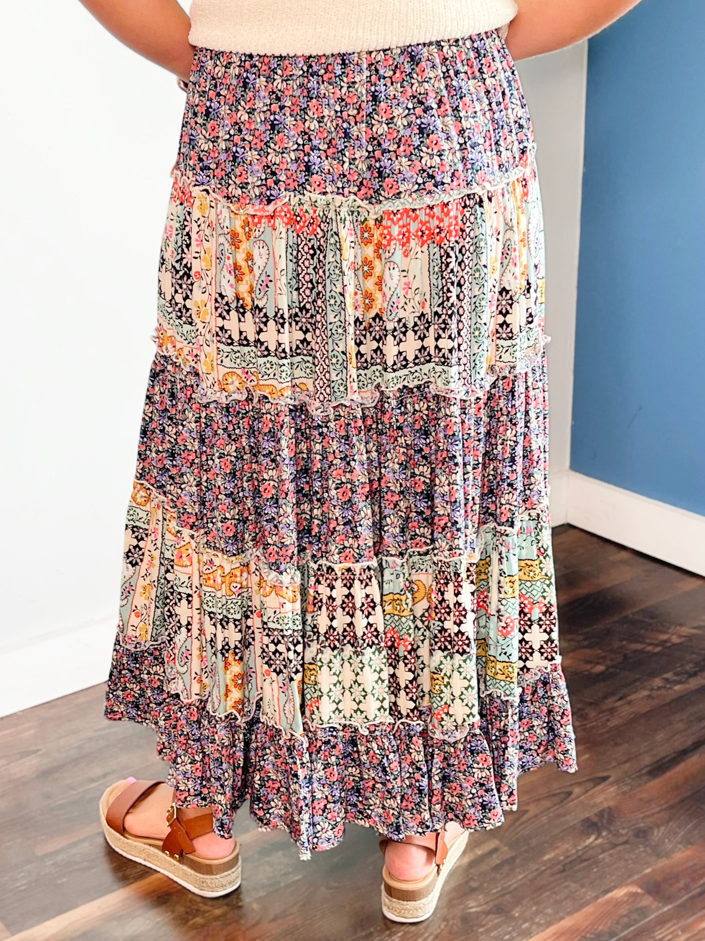 Katherine Printed Tiered Maxi Skirt | Navy