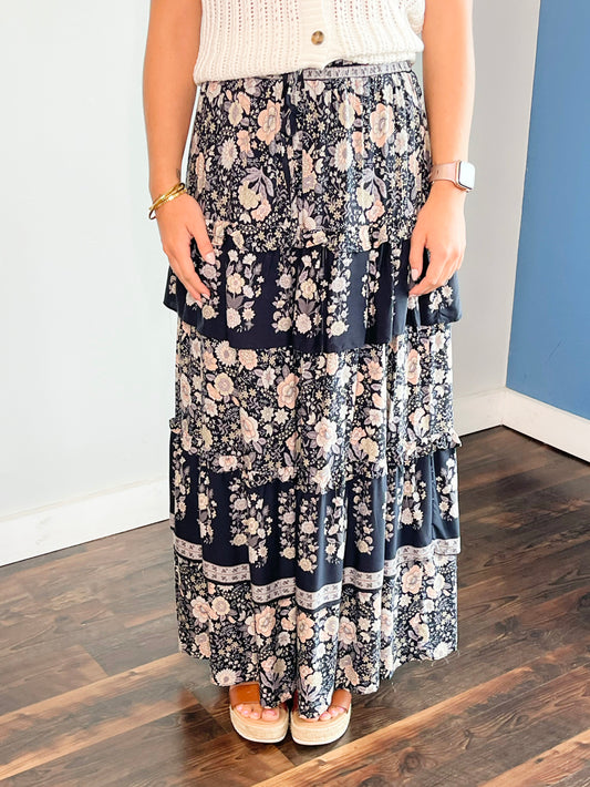 Mazi Printed Ruffled Tiered Midi Skirt