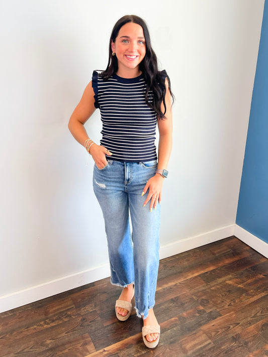 Adair Ruffle Trim Knit Top | Navy