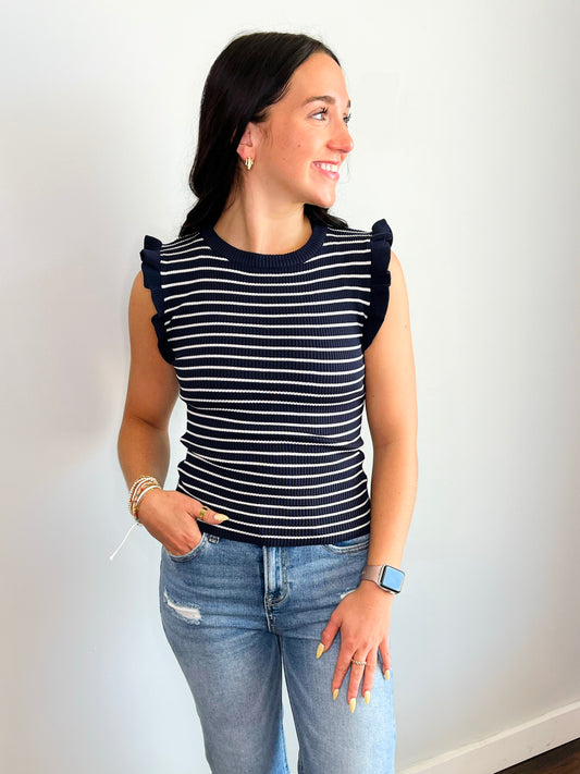 Adair Ruffle Trim Knit Top | Navy