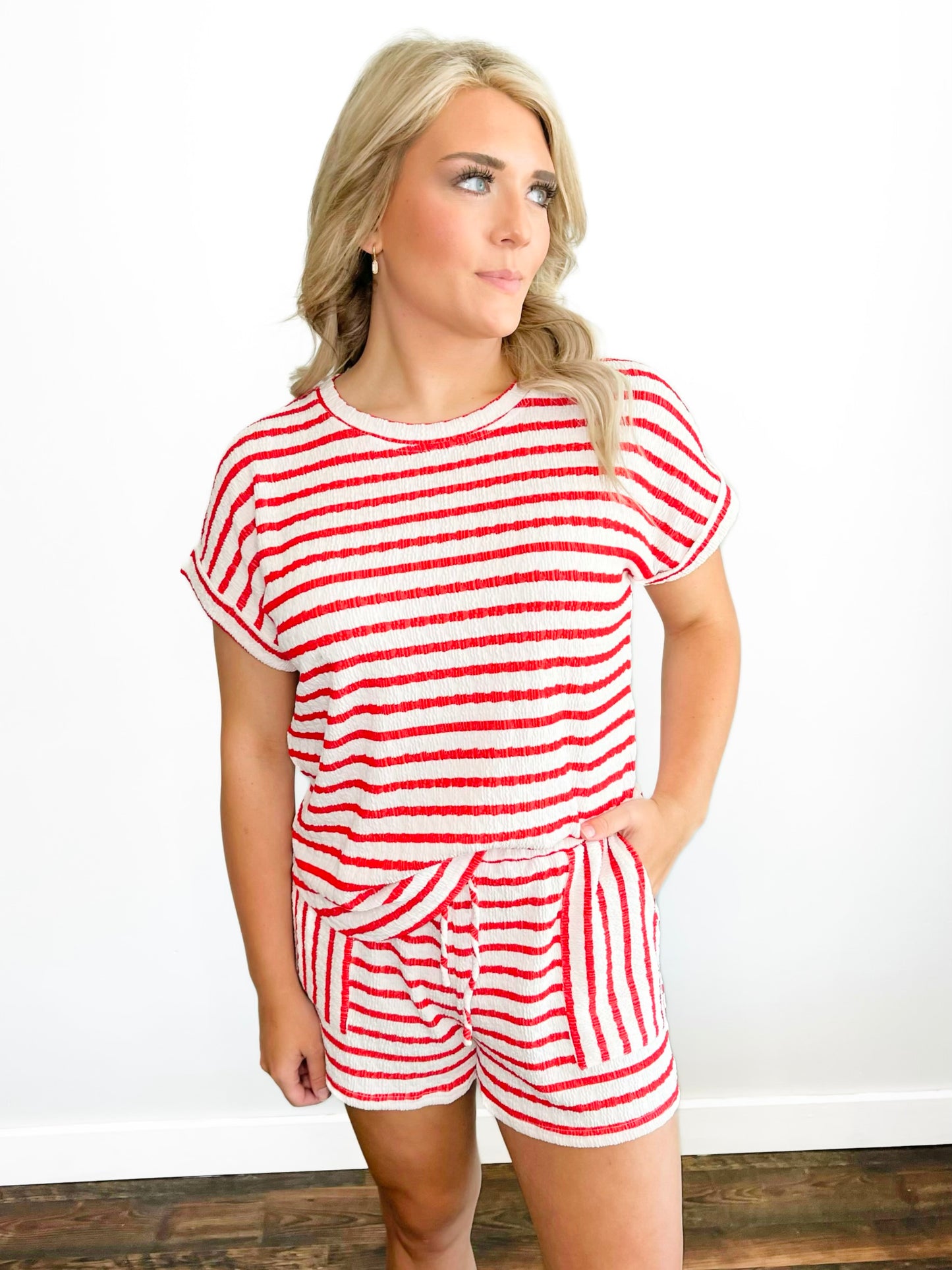 Nate Textured Stripe Top & Shorts Set | Red
