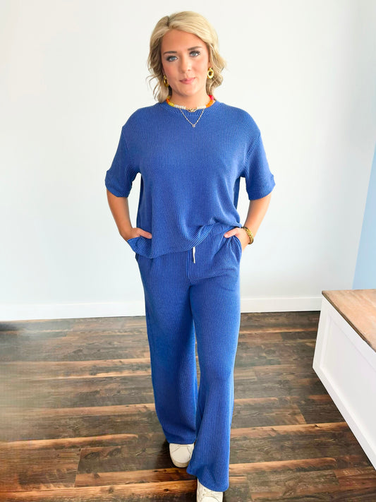 Briley Ribbed Short Sleeve Top and Pants Set | Classic Blue