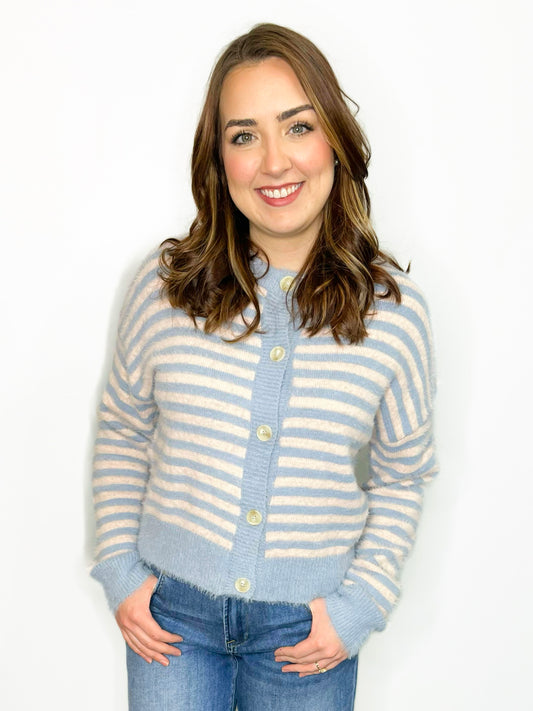 Winnie Striped Fuzzy Cardigan | Blue
