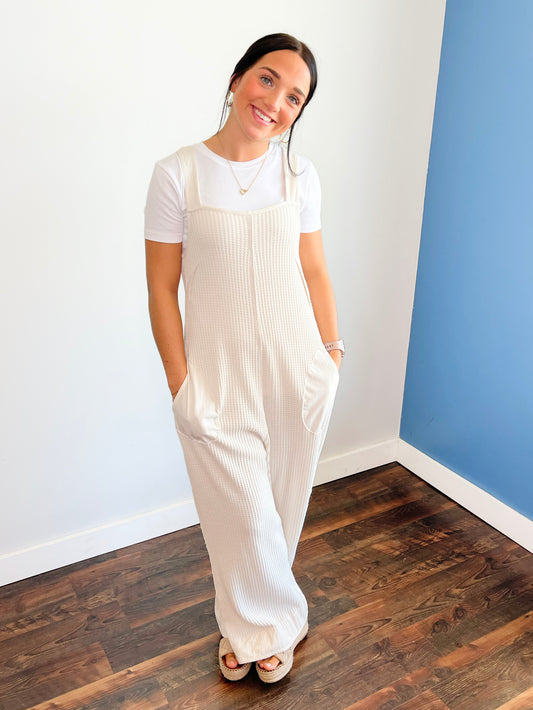 Kori Waffle Knit Overall Jumpsuit | Sand Beige
