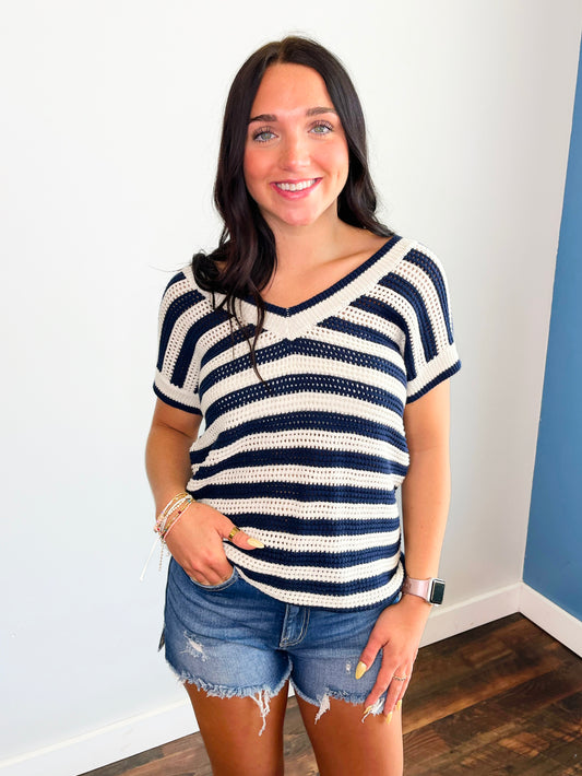 Opal Striped V-Neck Crochet Top | Navy