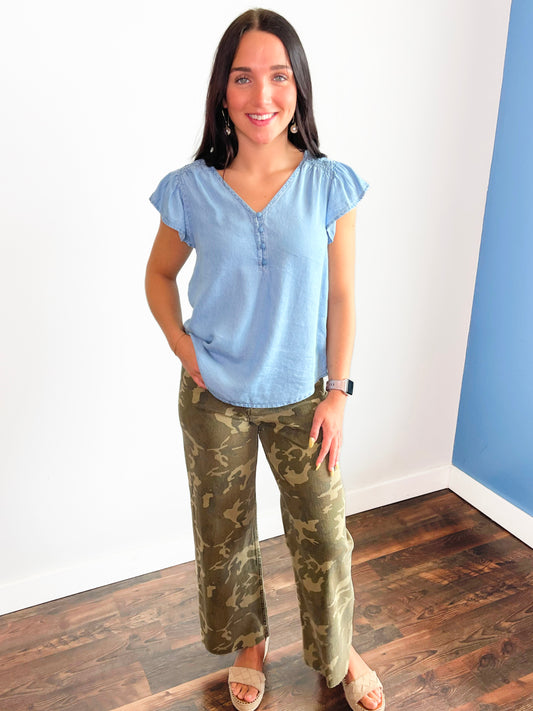 Minnie Ruffle Sleeve Chambray Top