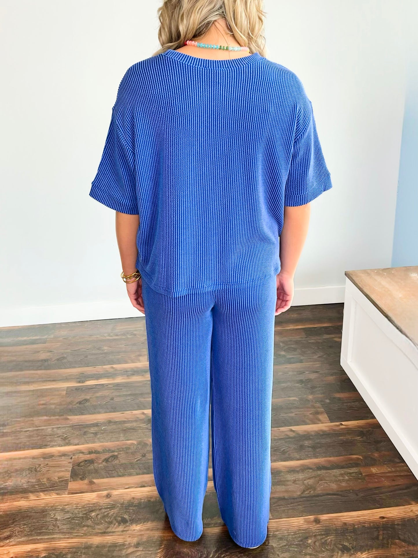 Briley Ribbed Short Sleeve Top and Pants Set | Classic Blue