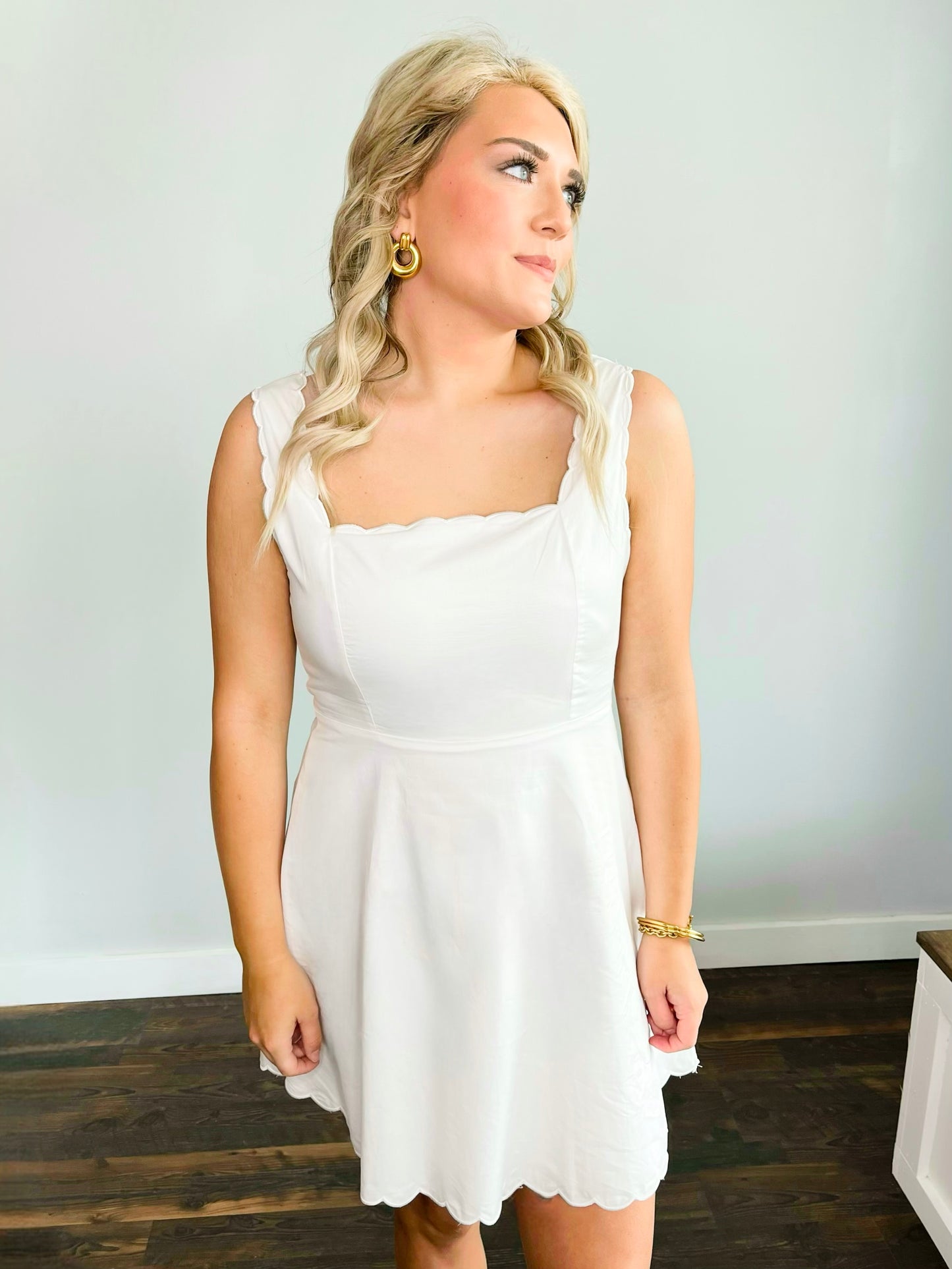 Ainsley Scallop Trim Dress | White