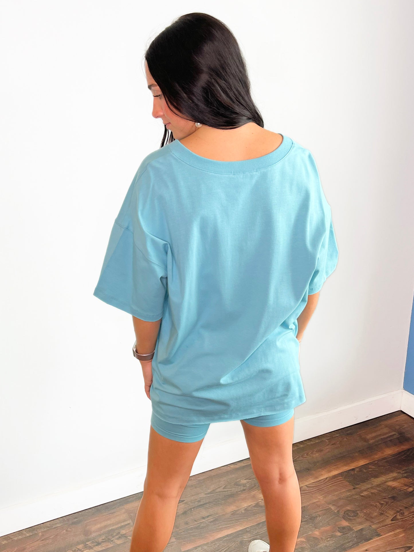 Mandy Cotton Short Sleeve Top and Biker Shorts Set | Dusty Teal